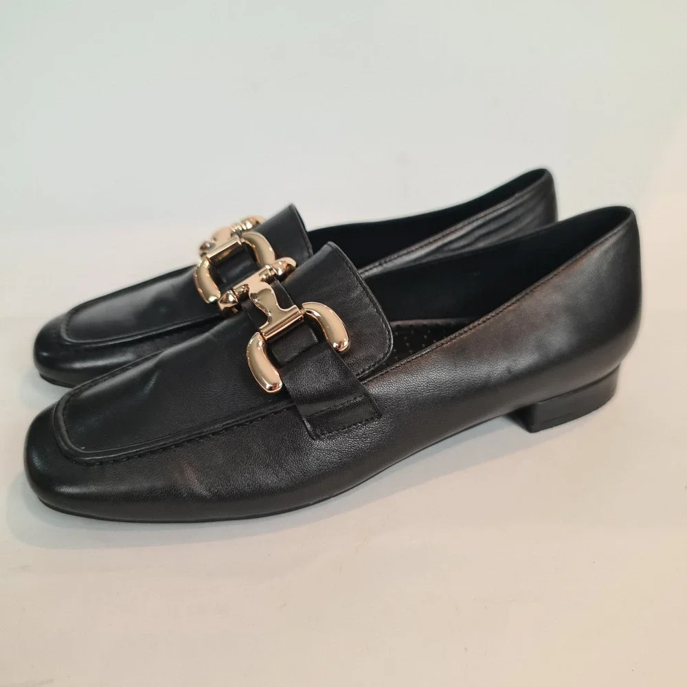 Vaneli Black Leather Square Toe Nappa Loafers Womens 9M Block Shoes Horsebit